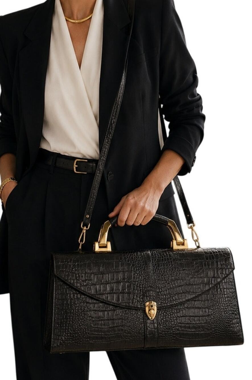 VTG Black Embossed Crocodile Leather Handbag Top Handle Purse Shoulder Bag
